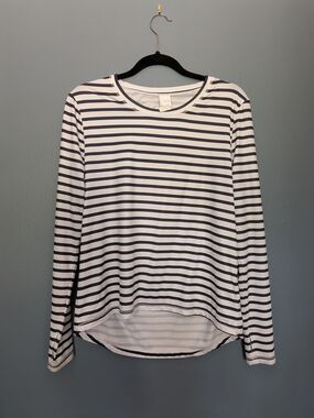 Lole Striped Long-Sleeve Crewneck Top in White and Navy